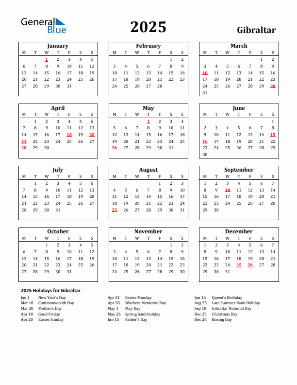 2025 Gibraltar Holiday Calendar - Monday Start
