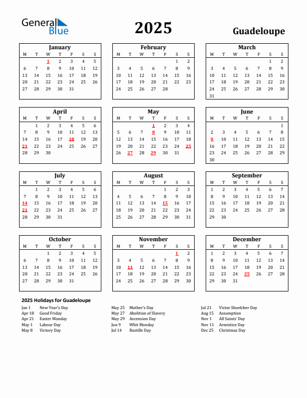 2025 Guadeloupe Holiday Calendar - Monday Start