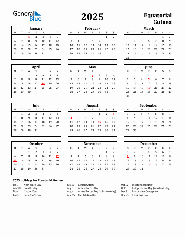 2025 Equatorial Guinea Holiday Calendar - Monday Start
