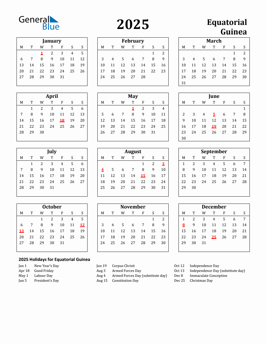 Free Printable 2025 Equatorial Guinea Holiday Calendar
