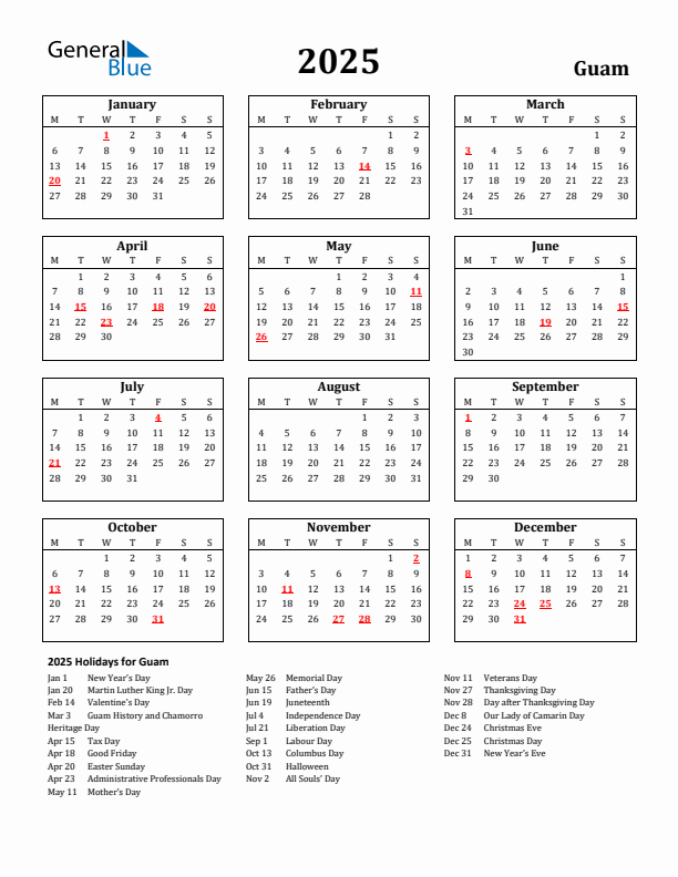 2025 Guam Holiday Calendar - Monday Start