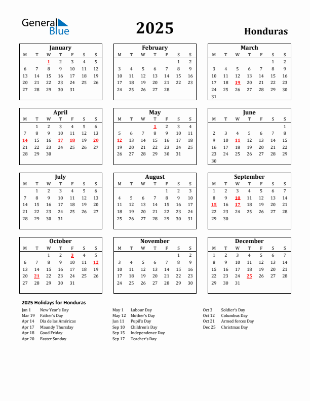 2025 Honduras Holiday Calendar - Monday Start