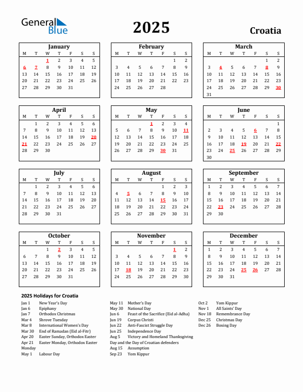 2025 Holiday Calendar for Croatia Monday Start