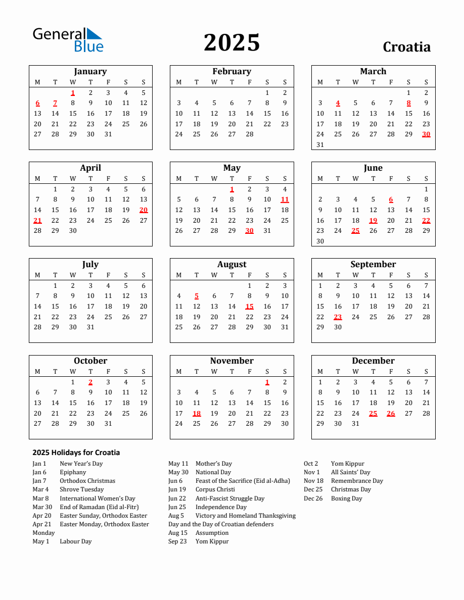 Free Printable 2025 Croatia Holiday Calendar