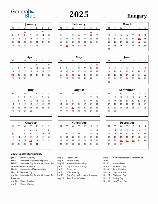 2025 Holiday Calendar for Hungary Monday Start
