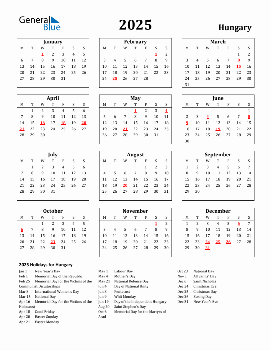 Free Printable 2025 Hungary Holiday Calendar