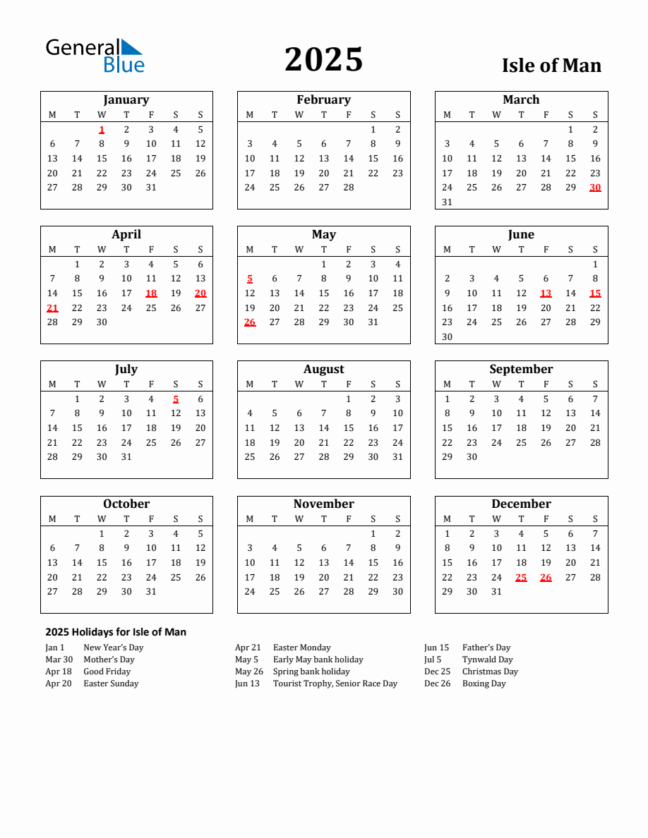 Free Printable 2025 Isle of Man Holiday Calendar