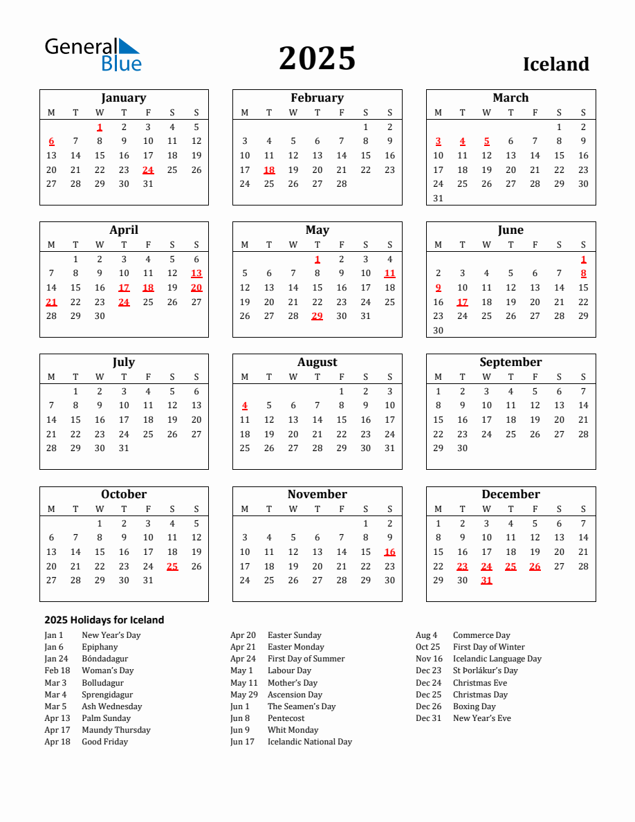 Free Printable 2025 Iceland Holiday Calendar