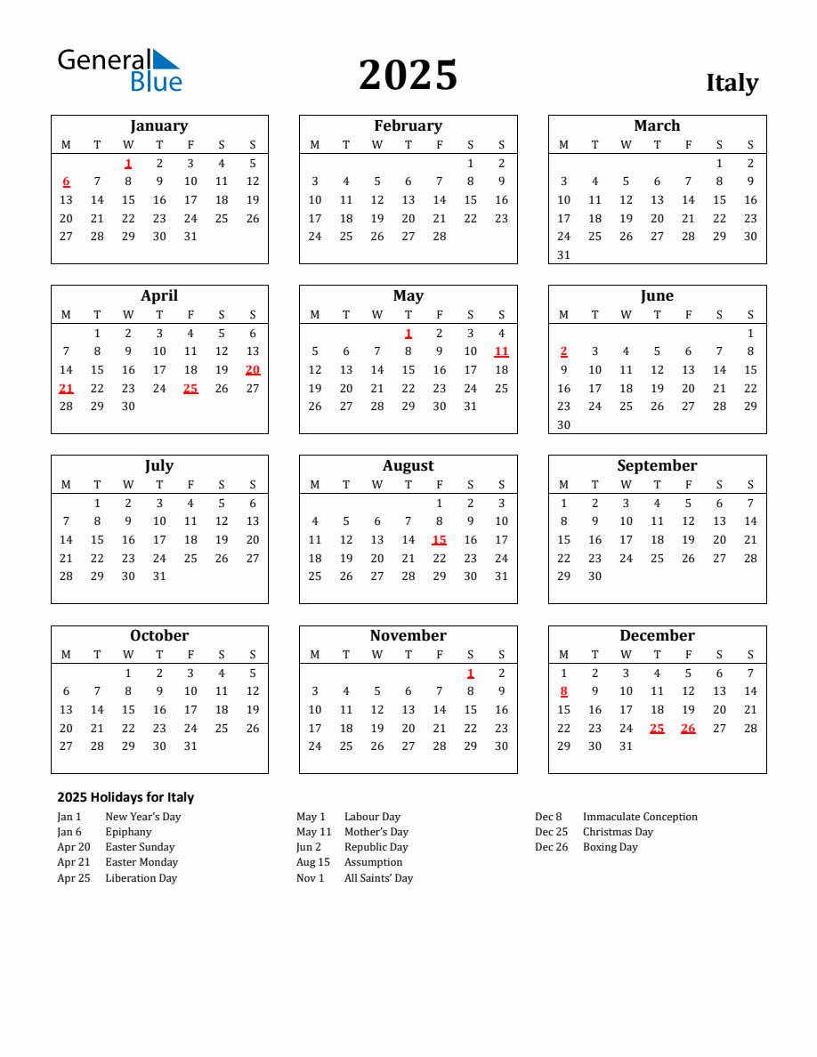 Free Printable 2025 Italy Holiday Calendar