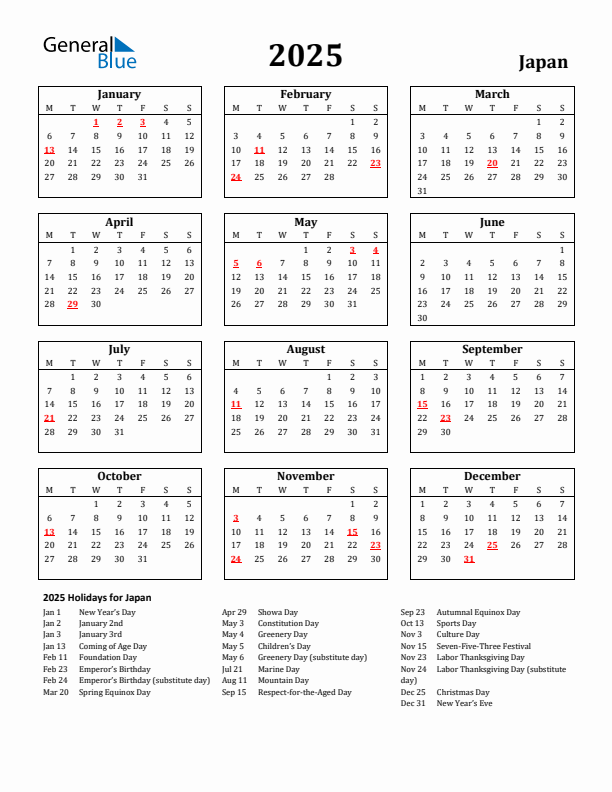 2025 Japan Holiday Calendar - Monday Start