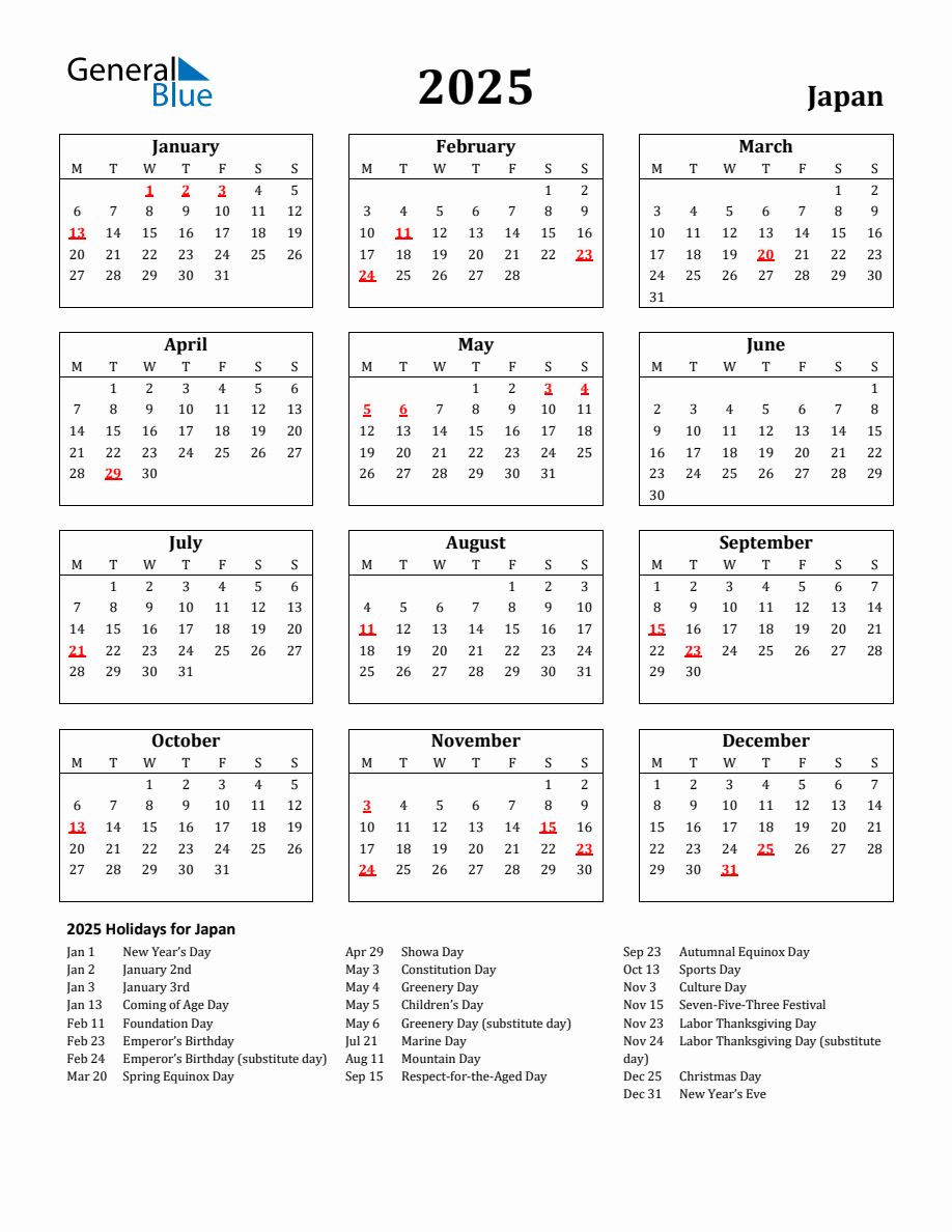 Free Printable 2025 Japan Holiday Calendar