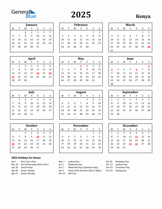 2025 Kenya Holiday Calendar - Monday Start