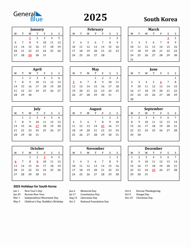 Free Printable 2025 South Korea Holiday Calendar