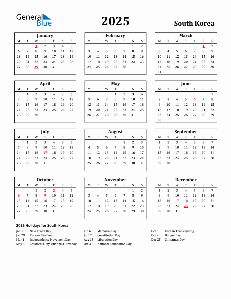 Free Printable 2025 South Korea Holiday Calendar