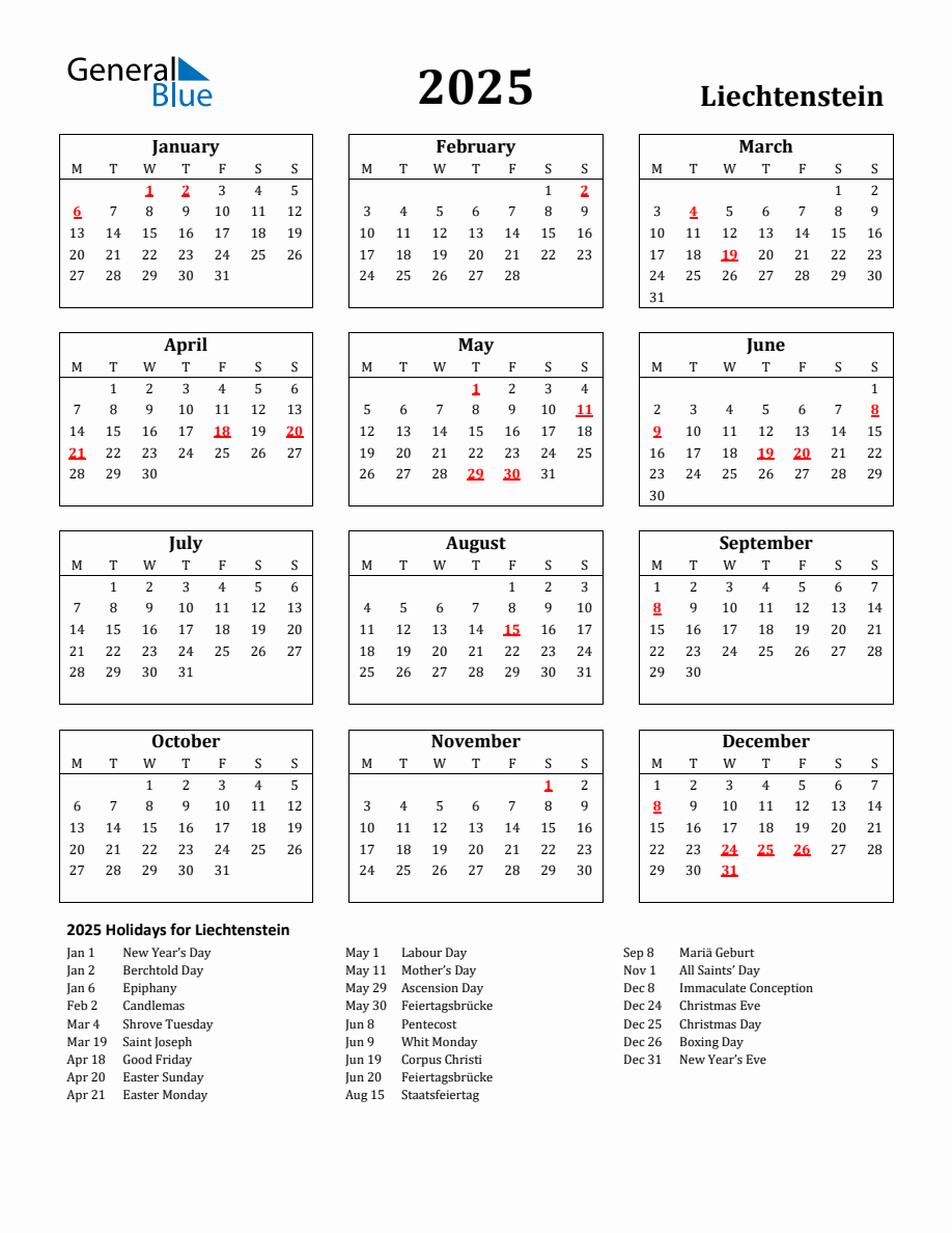 Free Printable 2025 Liechtenstein Holiday Calendar