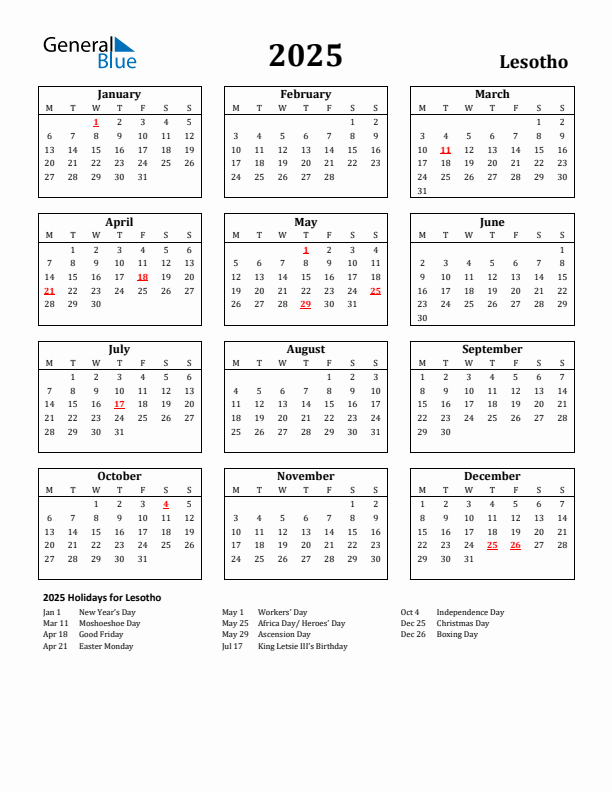 2025 Lesotho Holiday Calendar - Monday Start