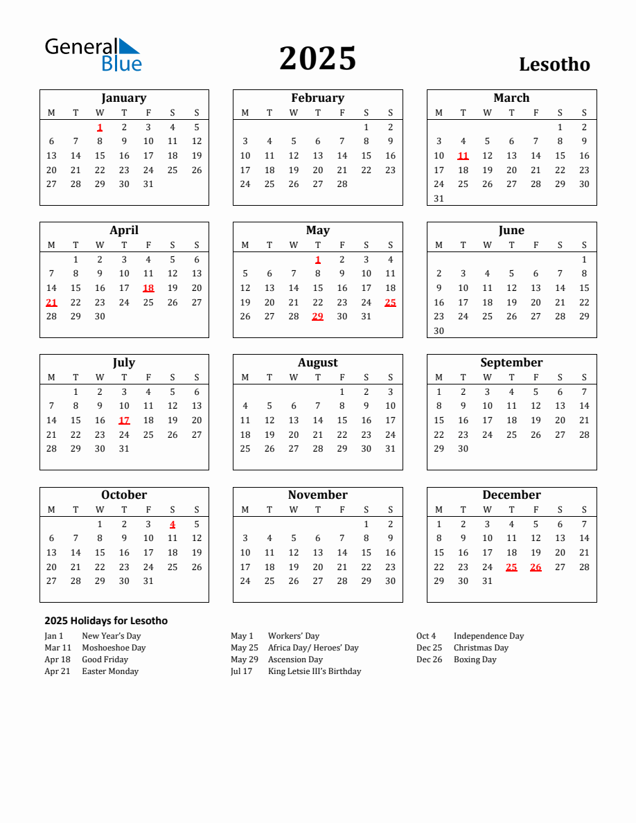 Free Printable 2025 Lesotho Holiday Calendar