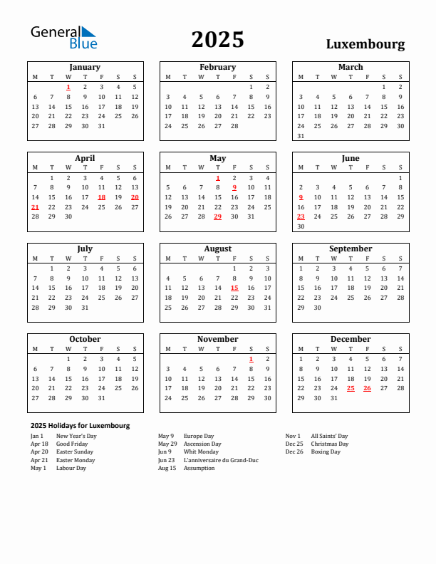2025 Luxembourg Holiday Calendar - Monday Start