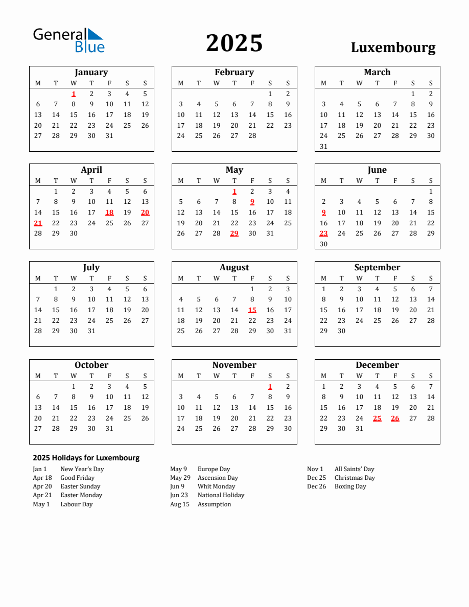 Free Printable 2025 Luxembourg Holiday Calendar