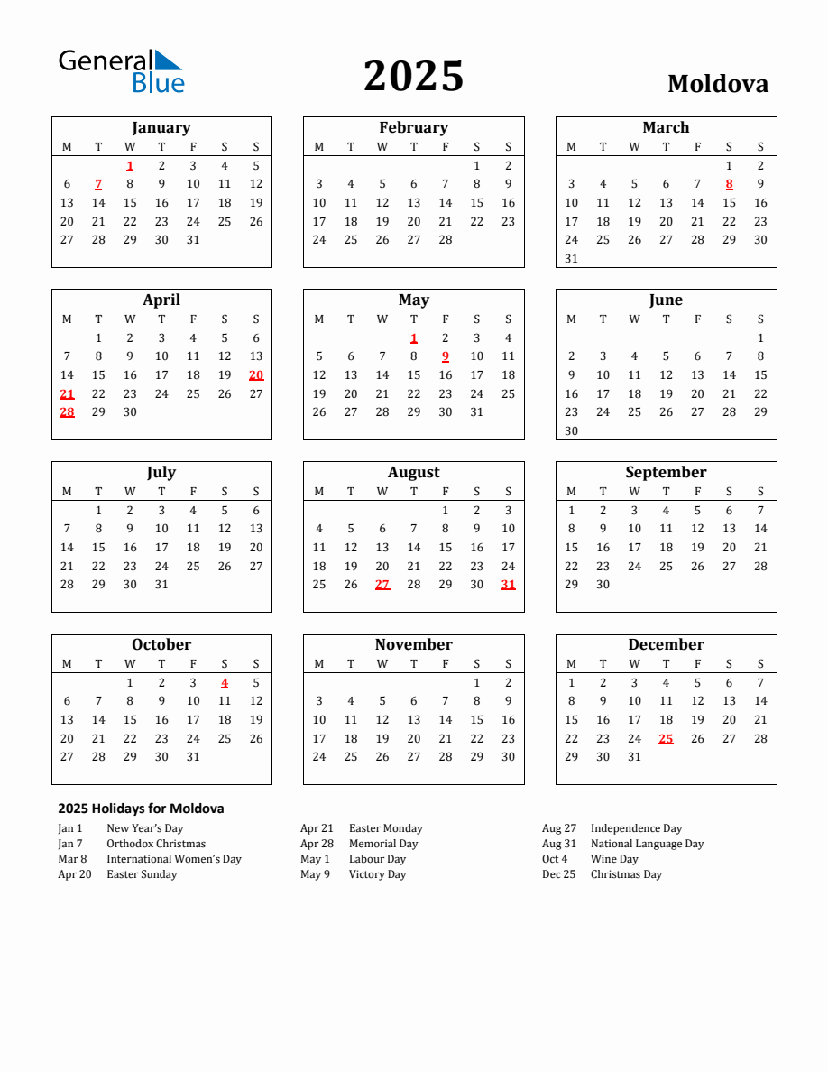 Free Printable 2025 Moldova Holiday Calendar