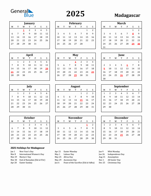 2025 Madagascar Holiday Calendar - Monday Start