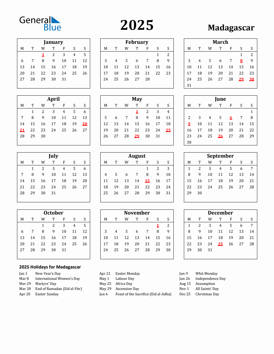 Free Printable 2025 Madagascar Holiday Calendar