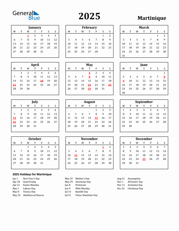 2025 Martinique Holiday Calendar - Monday Start