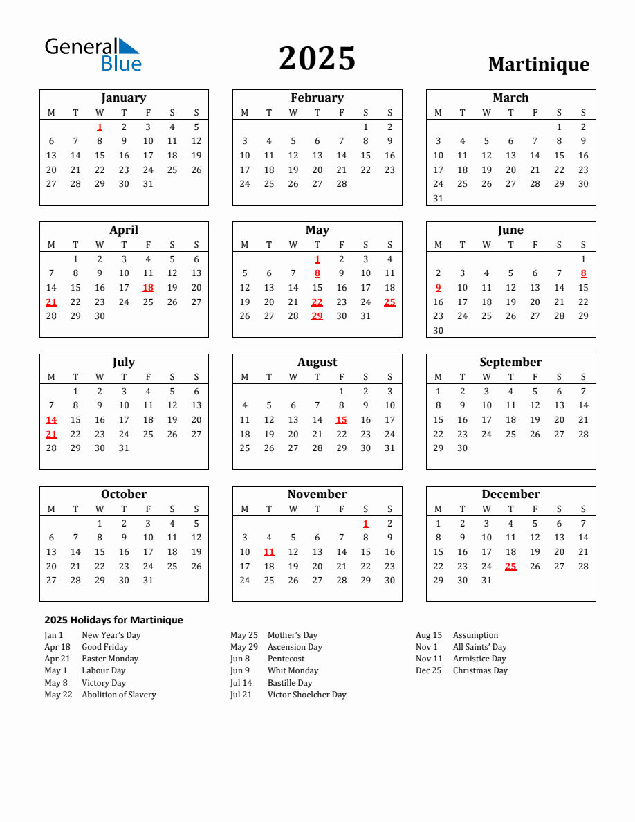 Free Printable 2025 Martinique Holiday Calendar