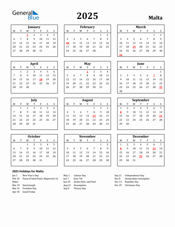 2025 Malta Holiday Calendar - Monday Start