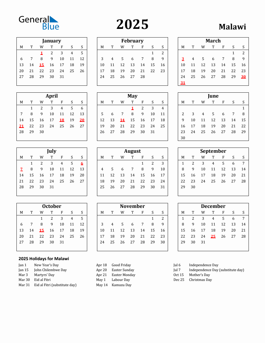 Free Printable 2025 Malawi Holiday Calendar