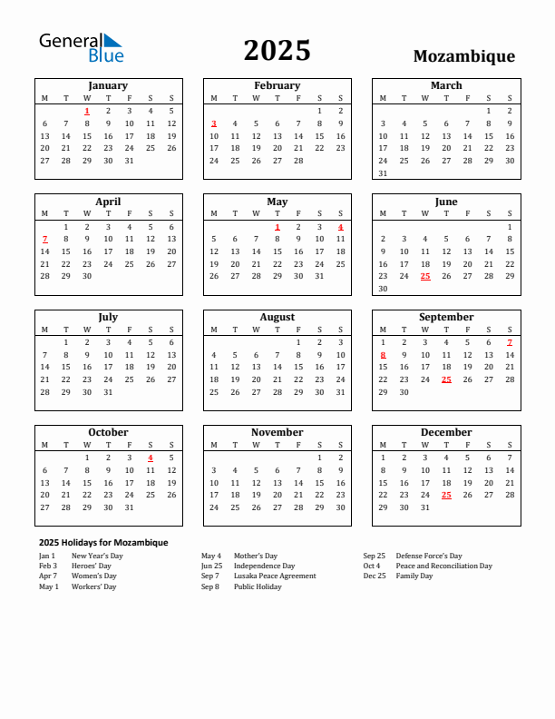 2025 Mozambique Holiday Calendar - Monday Start