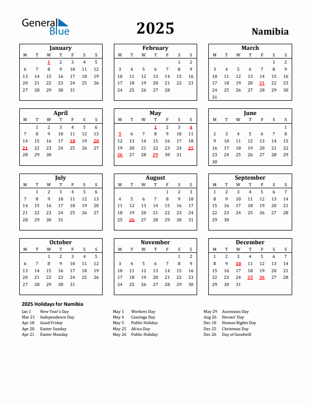 2025 Namibia Holiday Calendar - Monday Start