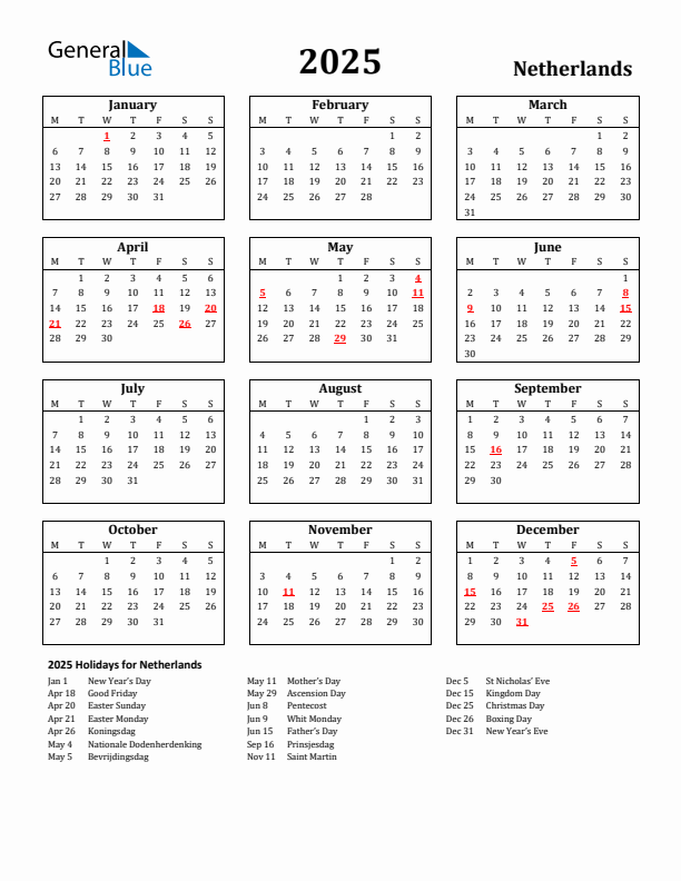 2025 The Netherlands Holiday Calendar - Monday Start