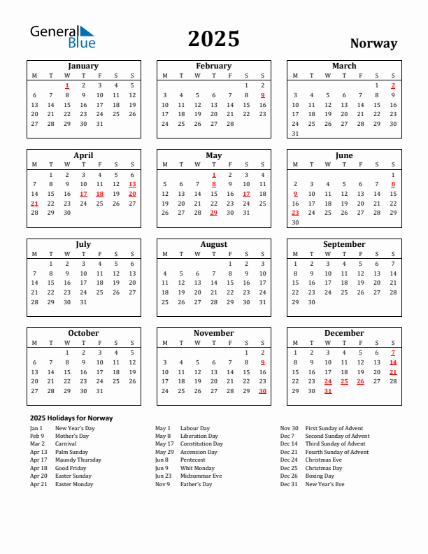 2025 Norway Holiday Calendar - Monday Start