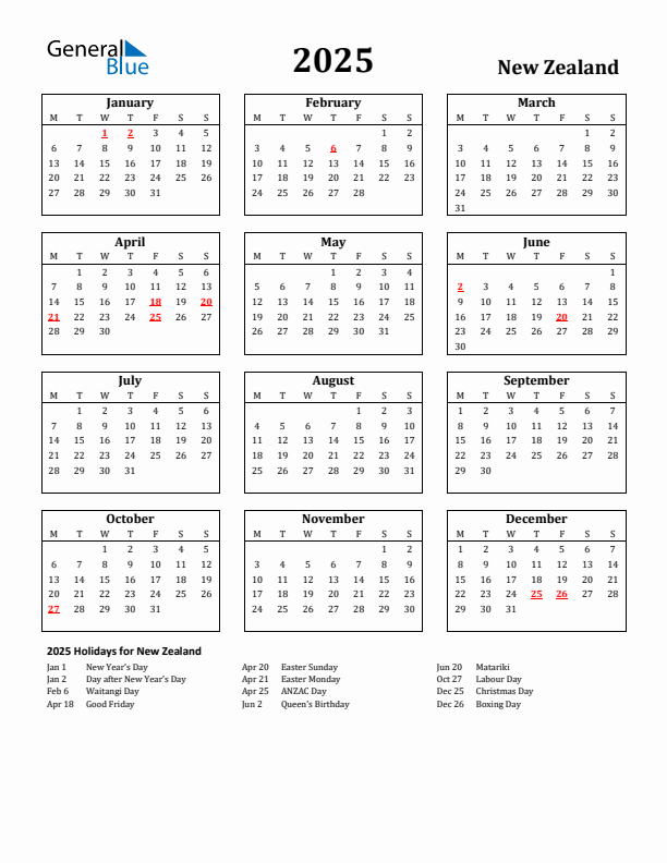 2025 New Zealand Holiday Calendar - Monday Start