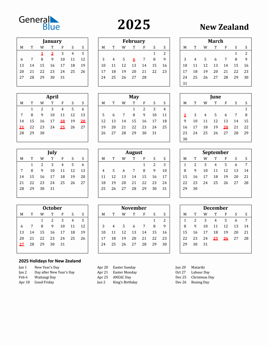 Free Printable 2025 New Zealand Holiday Calendar