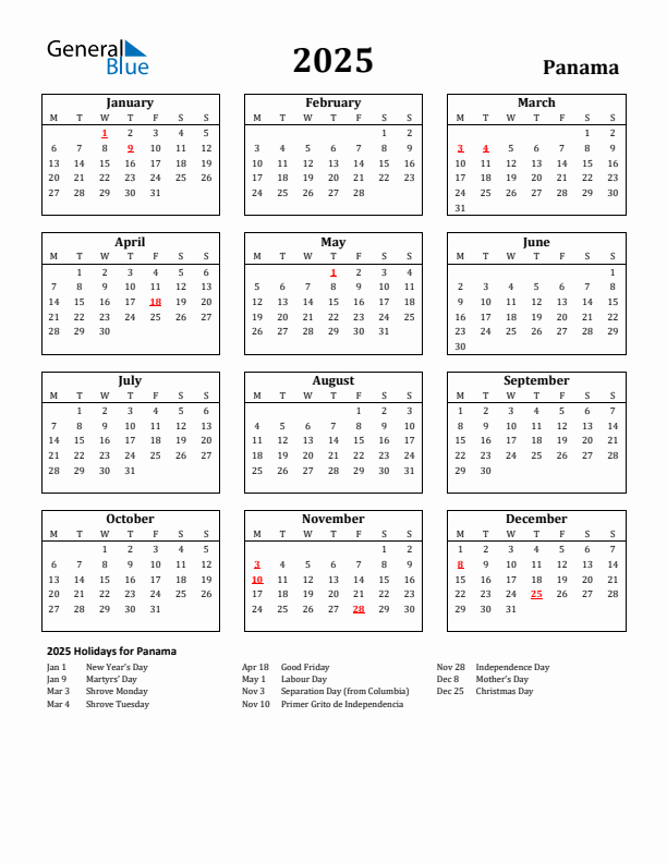 2025 Panama Holiday Calendar - Monday Start