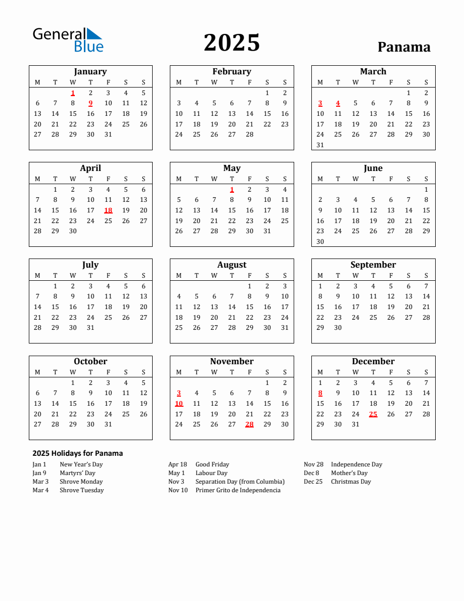 Free Printable 2025 Panama Holiday Calendar