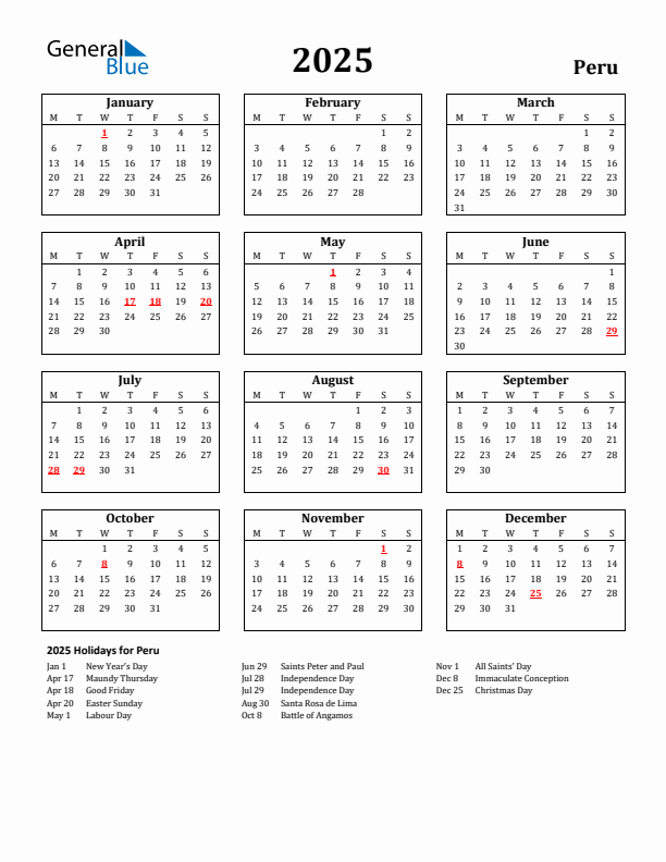 2025 Peru Holiday Calendar - Monday Start