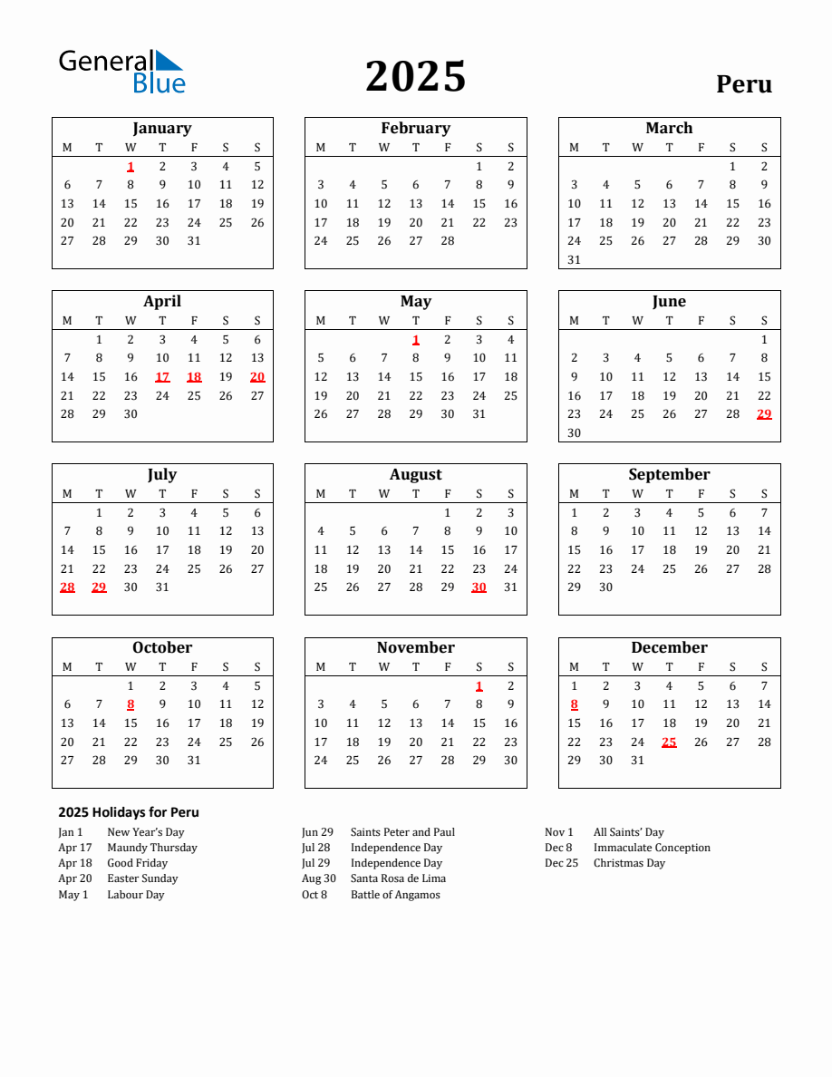 Free Printable 2025 Peru Holiday Calendar