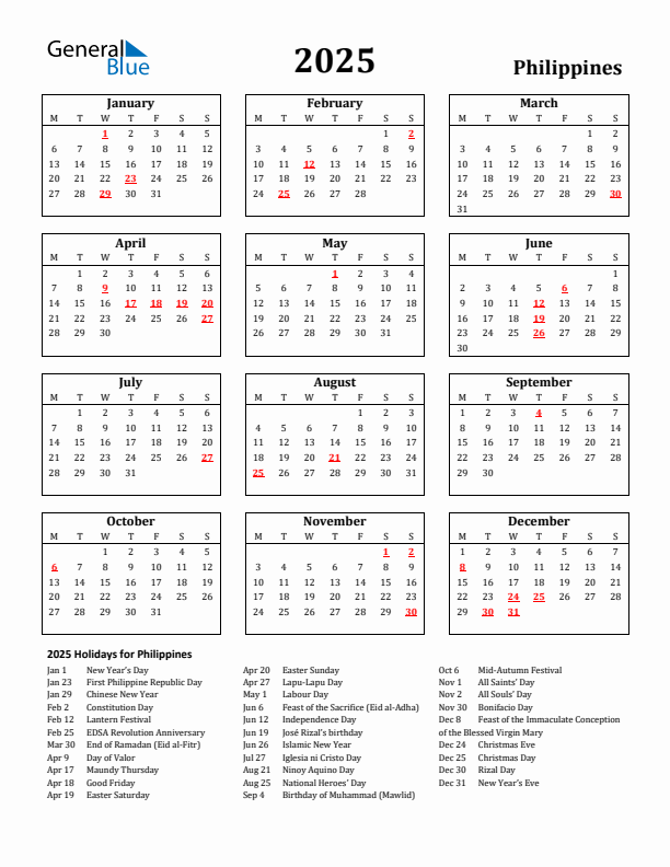 2025 Philippines Holiday Calendar - Monday Start