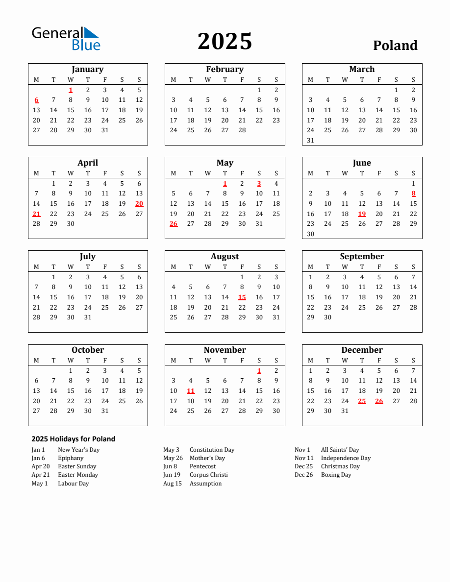 Free Printable 2025 Poland Holiday Calendar