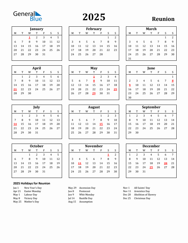 2025 Reunion Holiday Calendar - Monday Start