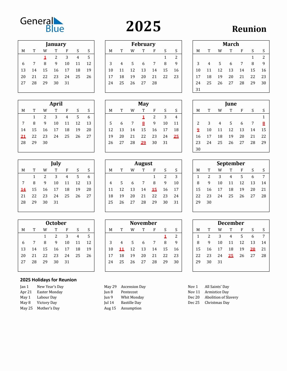 Free Printable 2025 Reunion Holiday Calendar