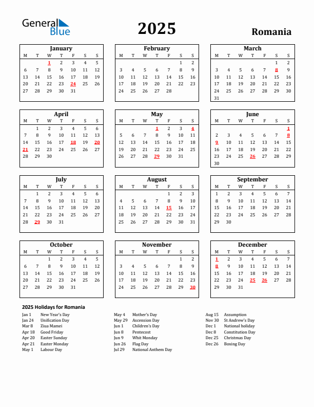 2025 Romania Holiday Calendar - Monday Start