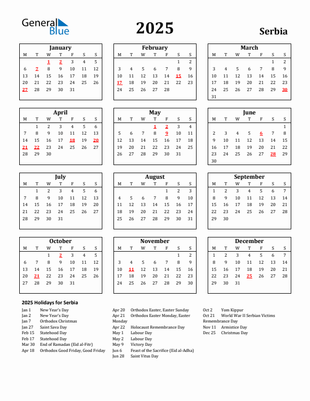 2025 Serbia Holiday Calendar - Monday Start