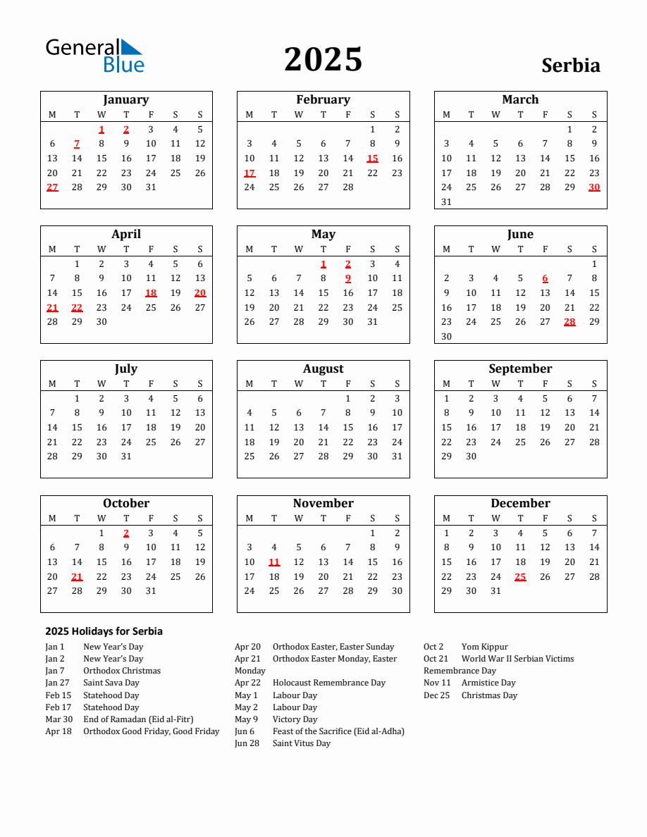 Free Printable 2025 Serbia Holiday Calendar