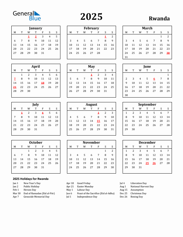 2025 Rwanda Holiday Calendar - Monday Start