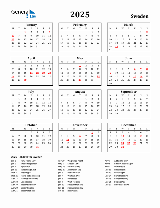 2025 Sweden Holiday Calendar - Monday Start