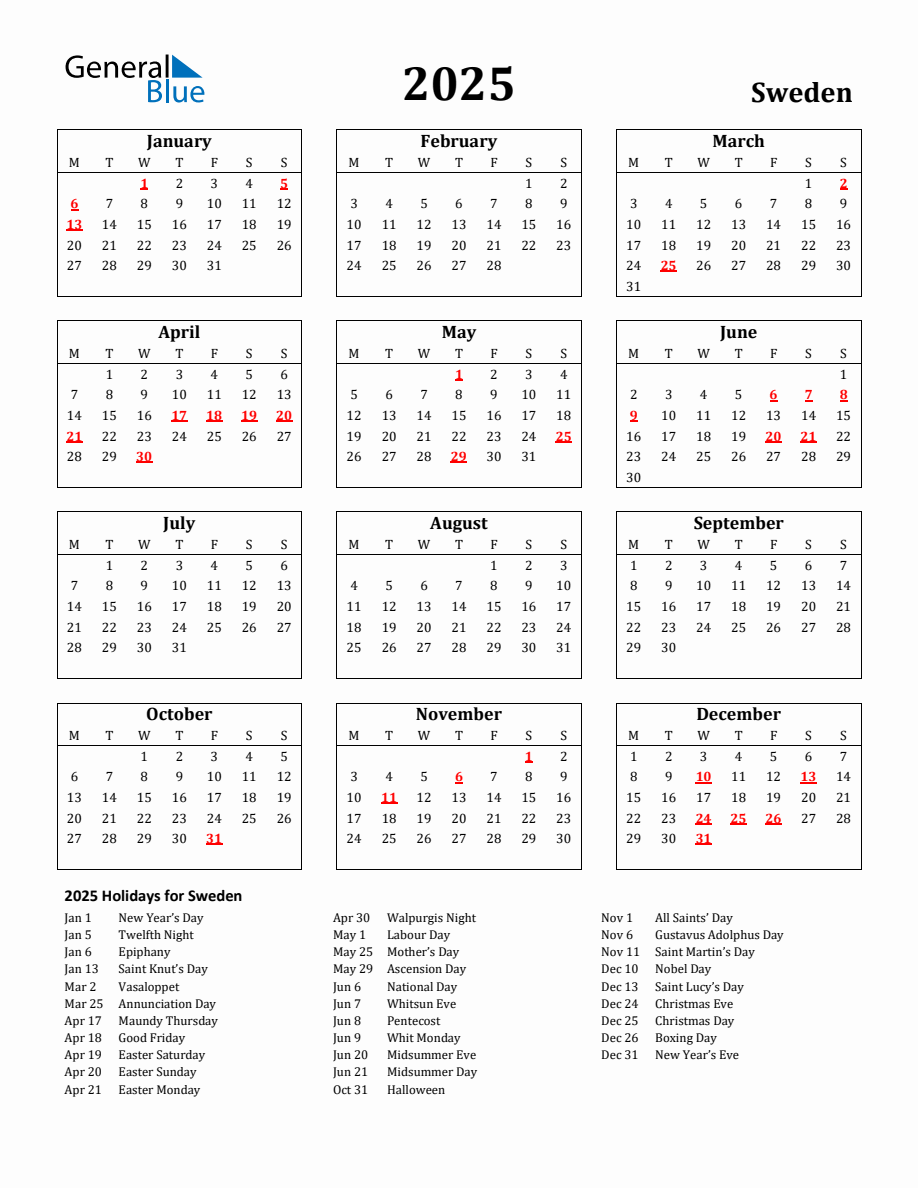 Free Printable 2025 Sweden Holiday Calendar